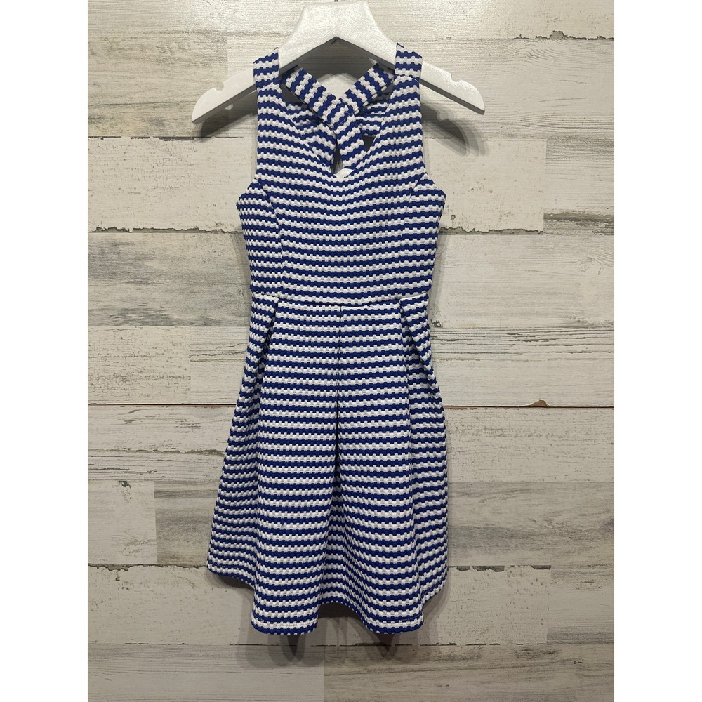 Ava & Yelly Dress Girls 4 Blue White Striped Bow Back Nautical Preppy EUC